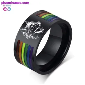 MEN 10MM ENAMEL RAINBOW LINES RING WITH ENGRAVING WOLF