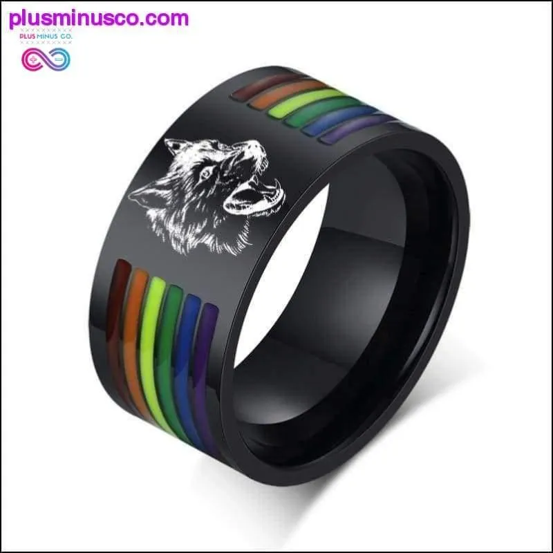 MEN 10MM ENAMEL RAINBOW LINES RING WITH ENGRAVING WOLF