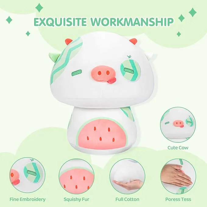 Mewaii Mushroom Plush, Cute Cow Plush Pillow Squishy Pillow, Cow Plush Stuffed Animals Kawaii Plush Decoration (Watermelon Cow 14 Inch)