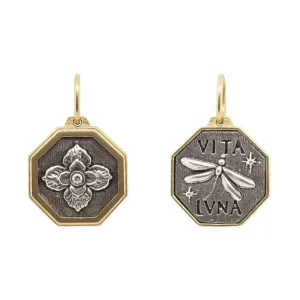 Mixed Metal Small Latin Hexagon Ornate Clover   Dragonfly Charm