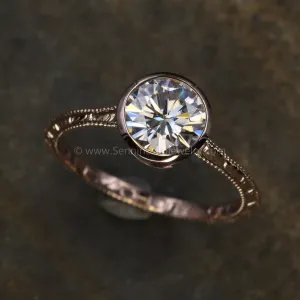 Moissanite 7mm Near Colorless Wheat Engraved Band Vintage Inspired Engagement Ring