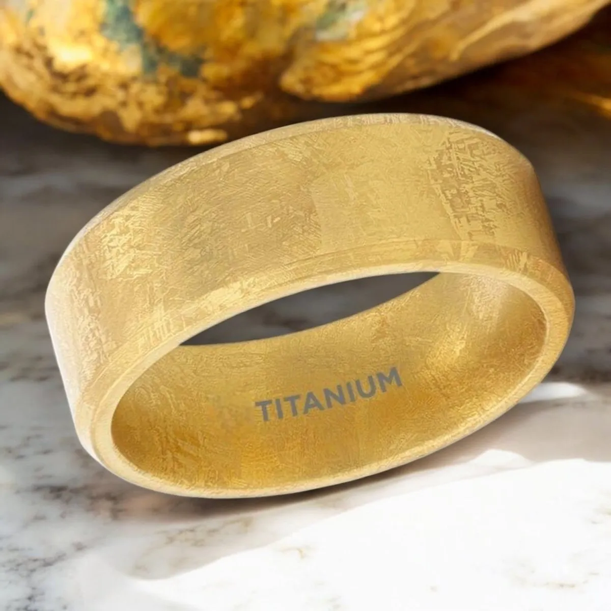 MUSE | Gold Titanium Ring, Meteorite Pattern, Beveled