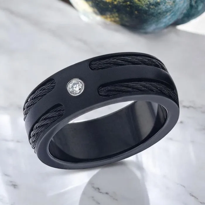 NOIR | Black Titanium Ring, Double Black Rope Inlay, Diamond