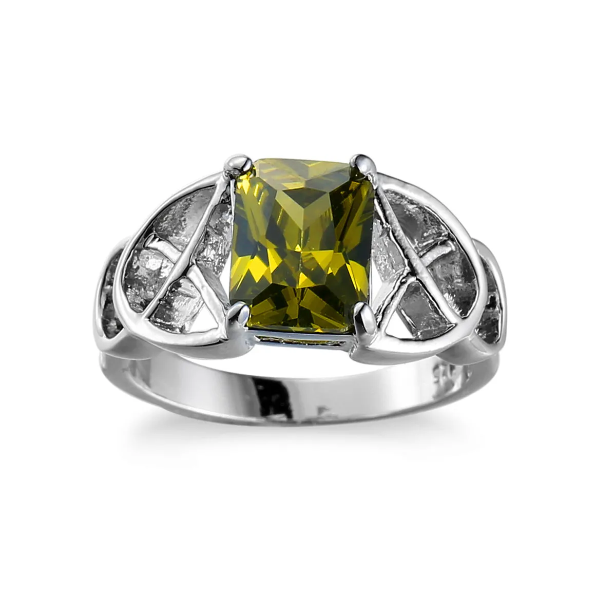 Olive Crystal & Silver-Plated Ornate Princess-Cut Ring