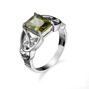 Olive Crystal & Silver-Plated Ornate Princess-Cut Ring
