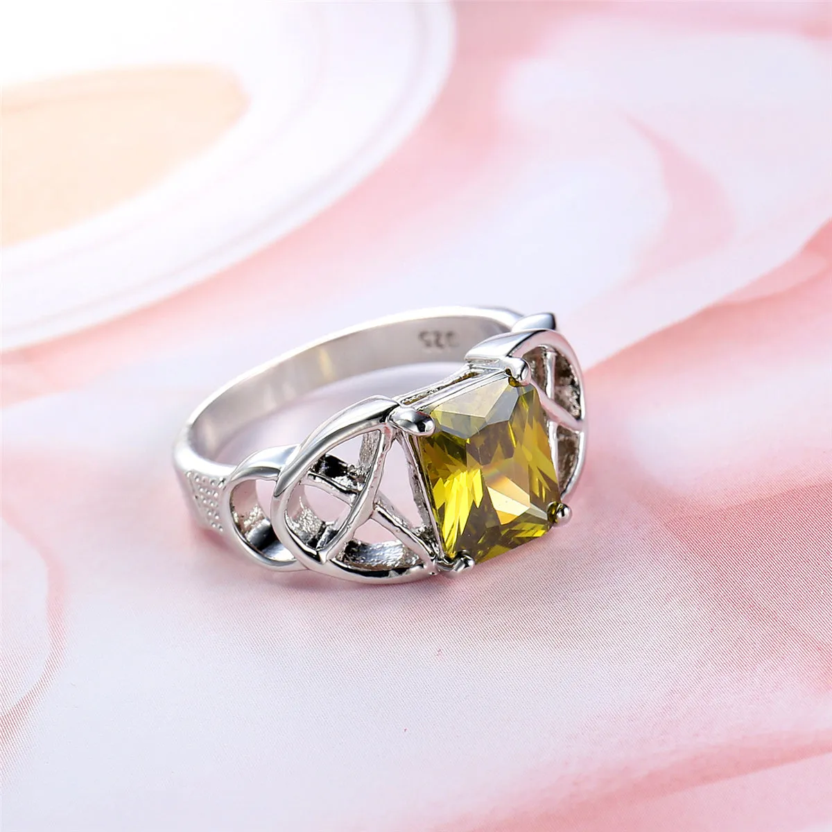 Olive Crystal & Silver-Plated Ornate Princess-Cut Ring