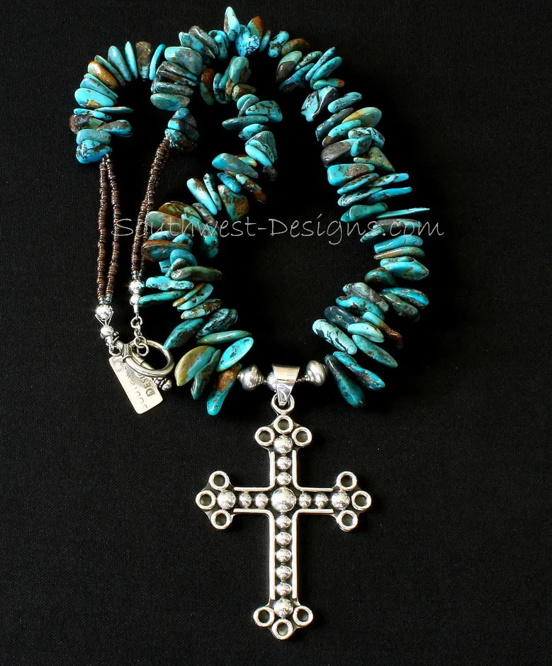 Ornate Sterling Silver Cross Pendant with Graduated Turquoise Briolette, Olive Shell Heishi and Sterling Silver