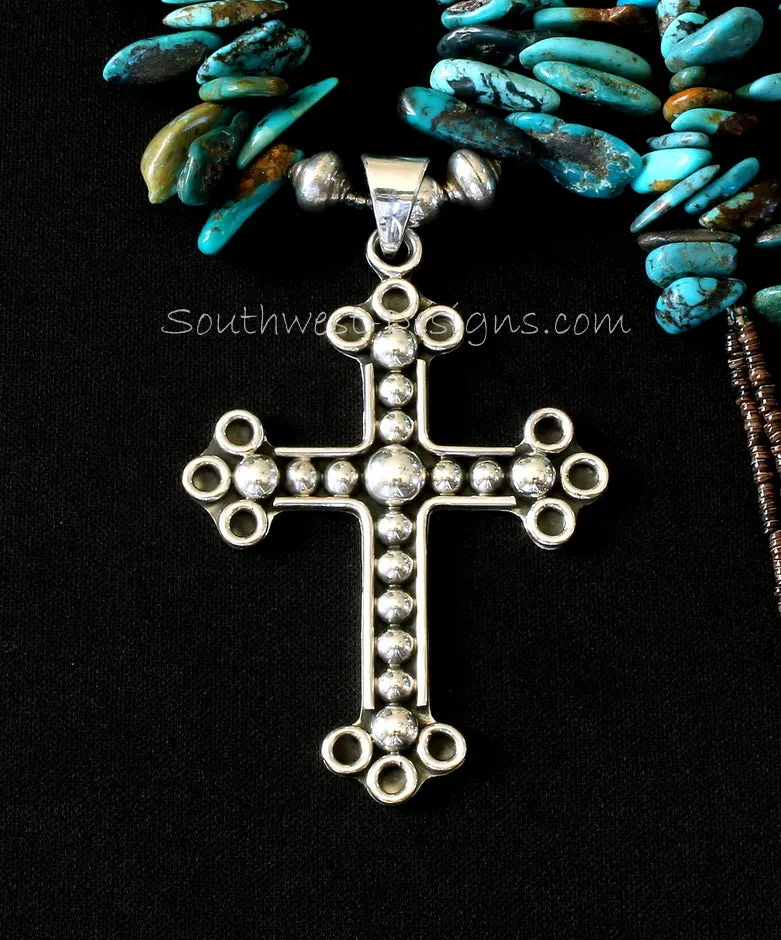 Ornate Sterling Silver Cross Pendant with Graduated Turquoise Briolette, Olive Shell Heishi and Sterling Silver