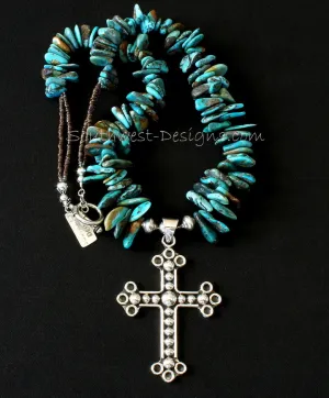 Ornate Sterling Silver Cross Pendant with Graduated Turquoise Briolette, Olive Shell Heishi and Sterling Silver