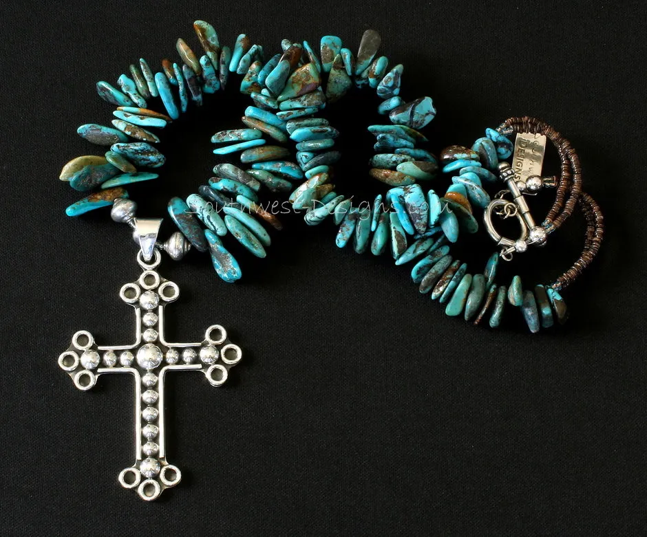 Ornate Sterling Silver Cross Pendant with Graduated Turquoise Briolette, Olive Shell Heishi and Sterling Silver