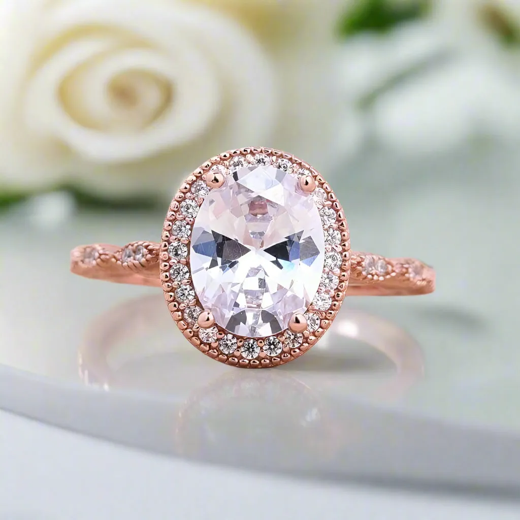 Oval Cut Clear Stone Halo Wedding Ring Set in Rose Gold