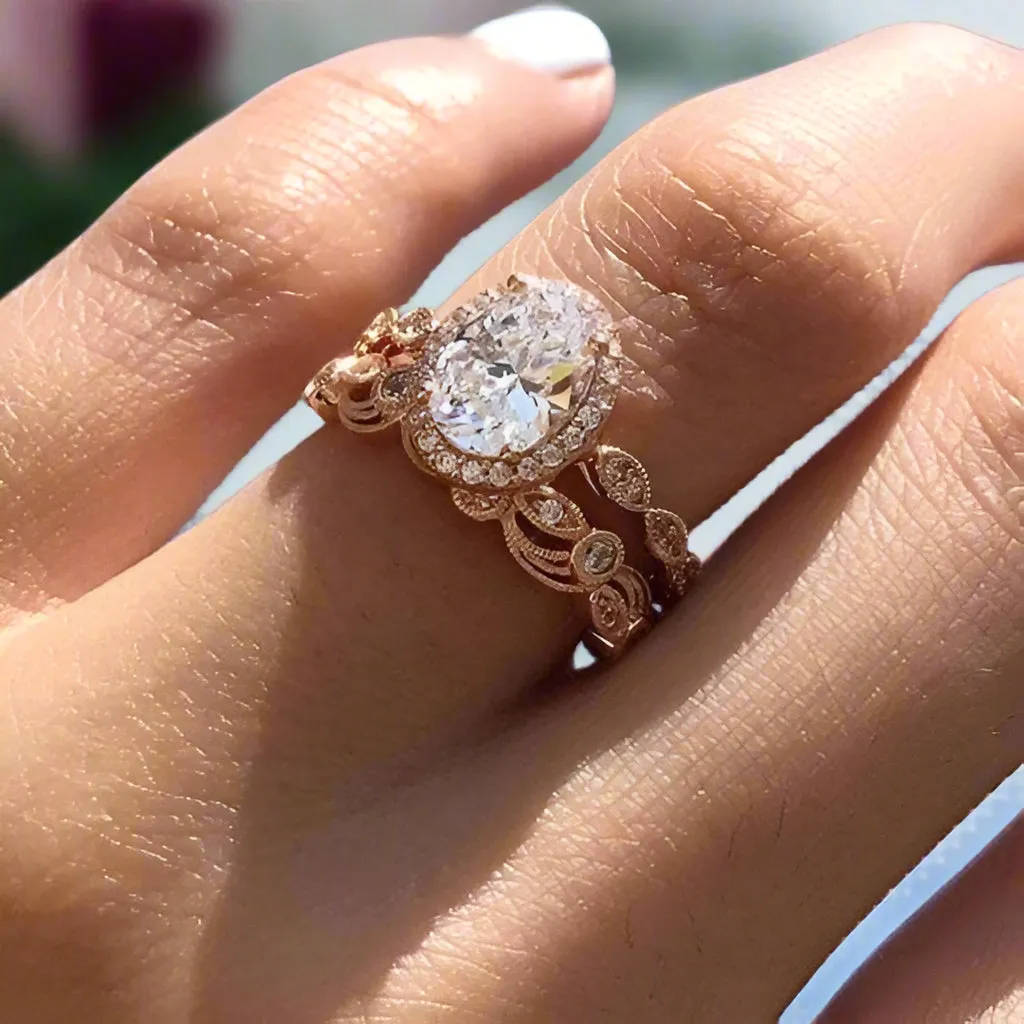 Oval Cut Clear Stone Halo Wedding Ring Set in Rose Gold