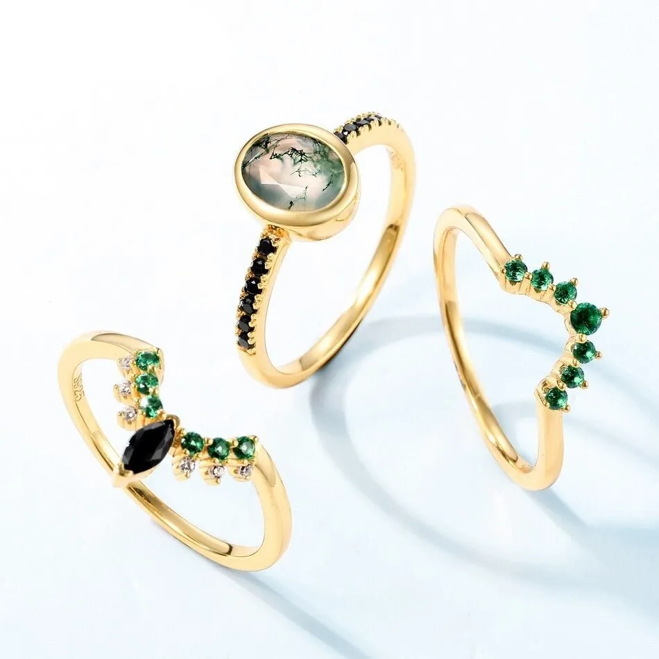 Oval cut Natural Moss Agate Yellow Gold Wedding Ring Set
