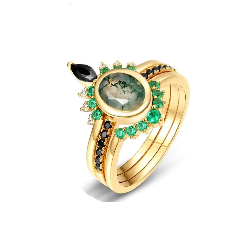 Oval cut Natural Moss Agate Yellow Gold Wedding Ring Set