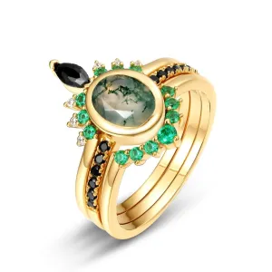 Oval cut Natural Moss Agate Yellow Gold Wedding Ring Set