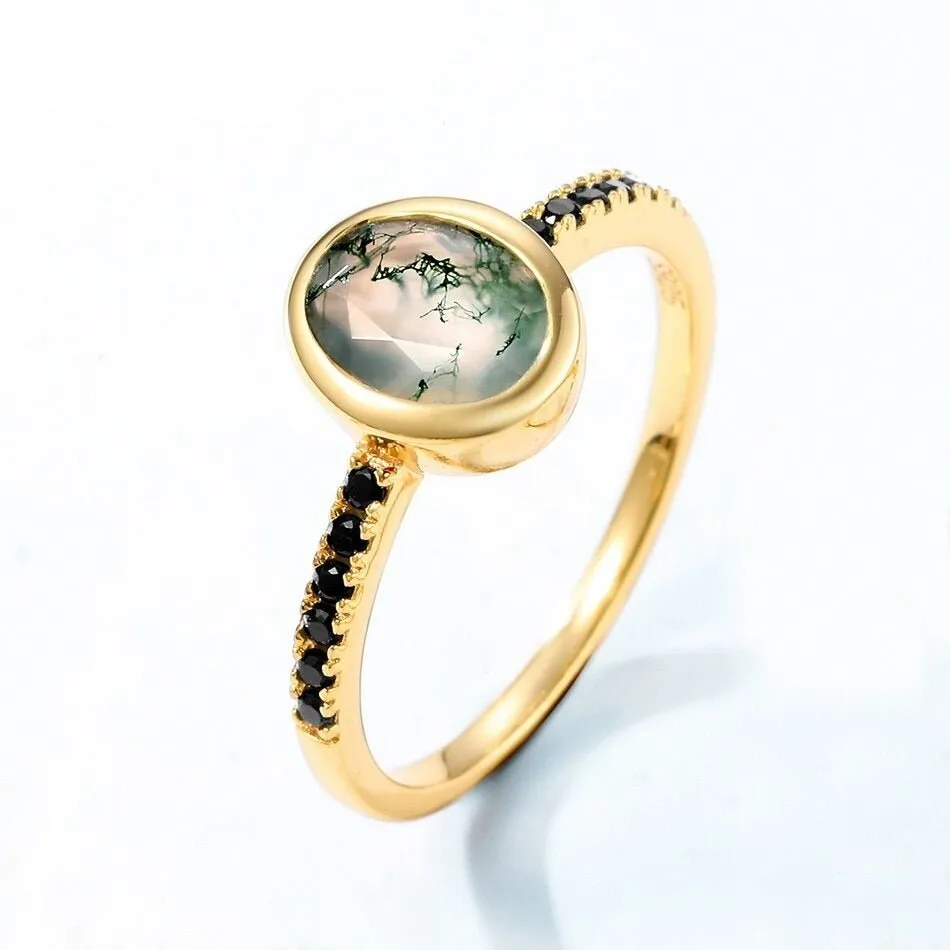 Oval cut Natural Moss Agate Yellow Gold Wedding Ring Set