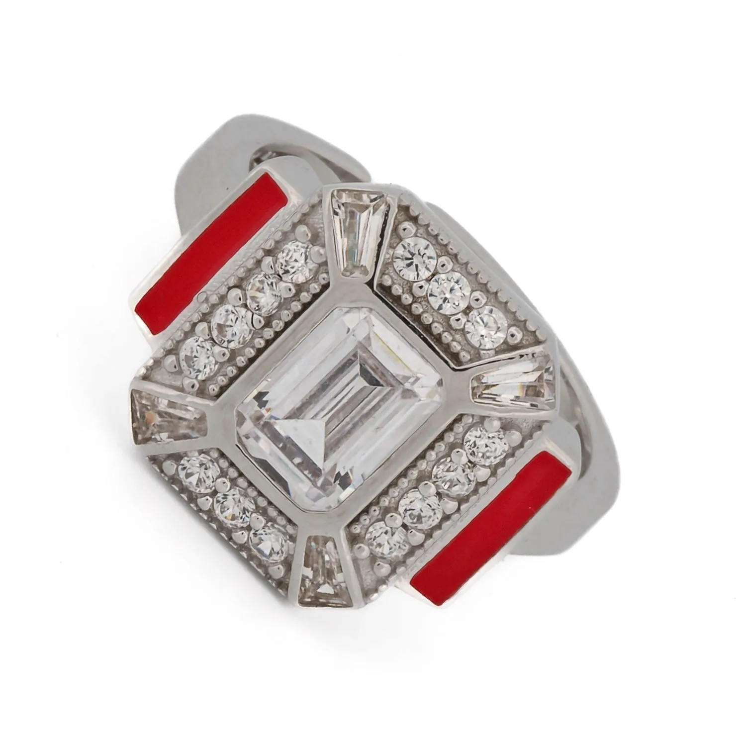 Pave Diamond & Red Enamel Sterling Silver Adjustable Statement Ring