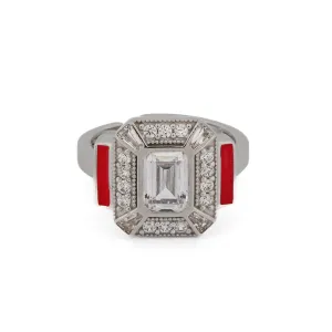 Pave Diamond & Red Enamel Sterling Silver Adjustable Statement Ring