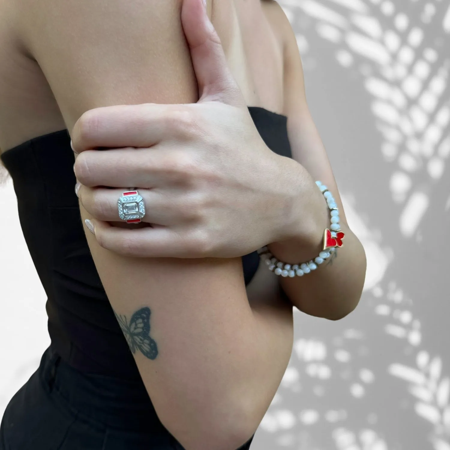Pave Diamond & Red Enamel Sterling Silver Adjustable Statement Ring