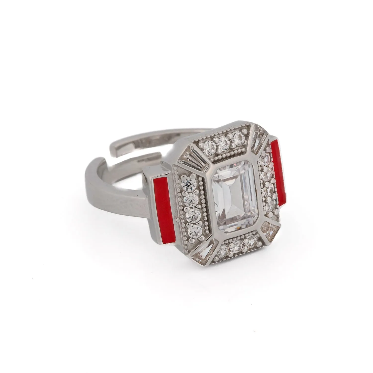 Pave Diamond & Red Enamel Sterling Silver Adjustable Statement Ring
