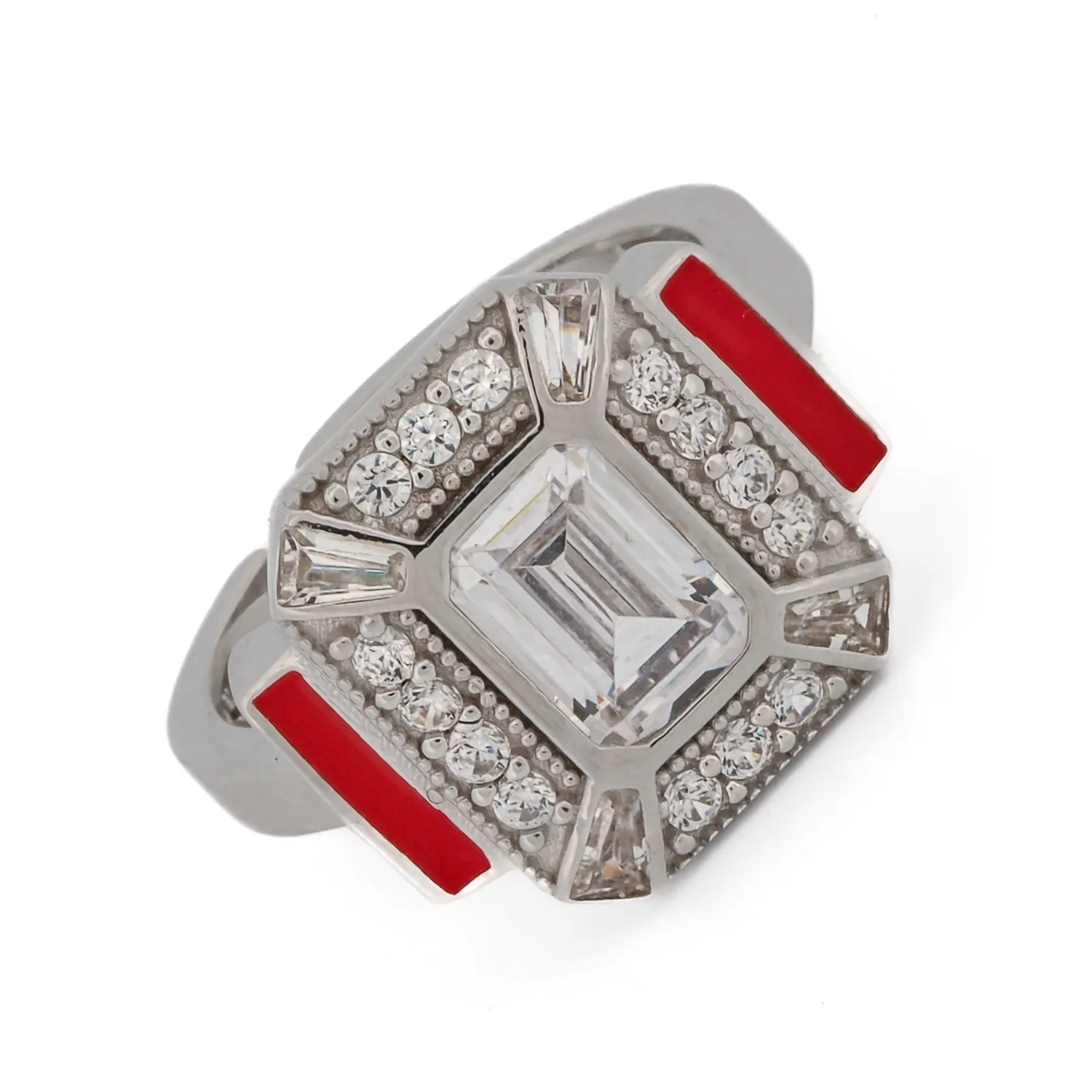 Pave Diamond & Red Enamel Sterling Silver Adjustable Statement Ring