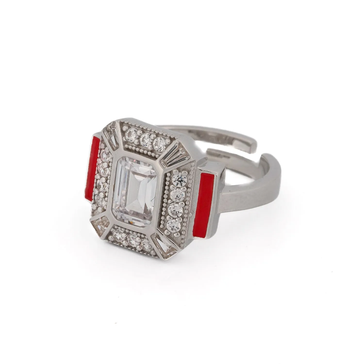 Pave Diamond & Red Enamel Sterling Silver Adjustable Statement Ring