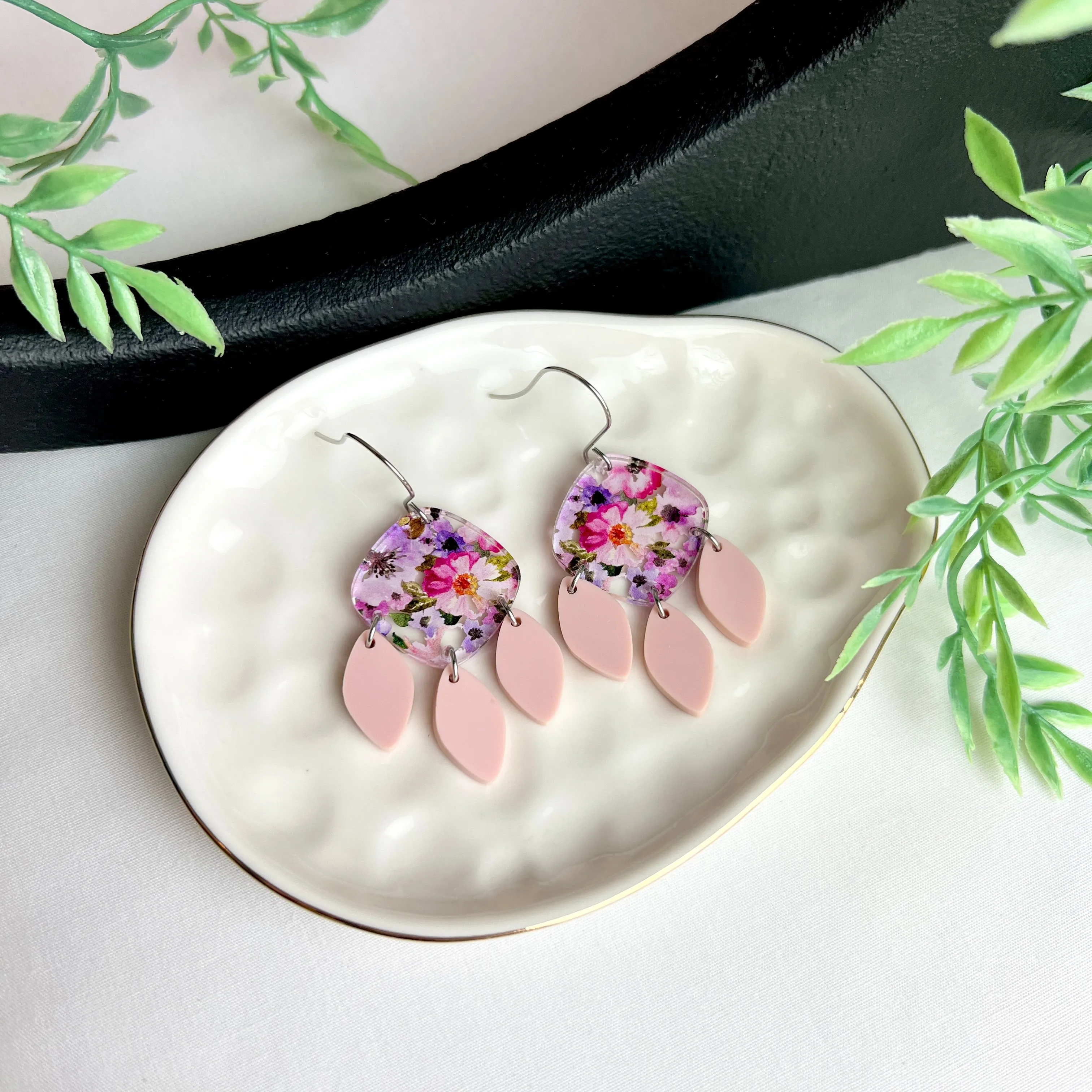 Pink and Purple Floral Diamond Earrings