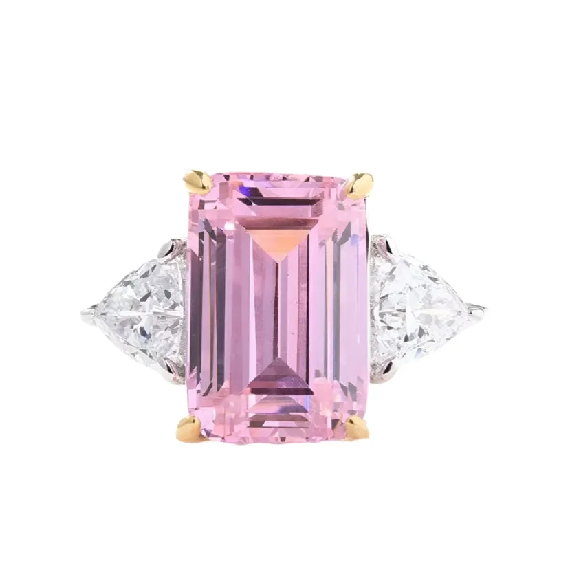 Pink Sapphire Emerald Cut Three Stone Engagement Ring