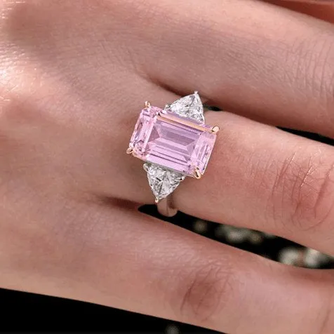Pink Sapphire Emerald Cut Three Stone Engagement Ring