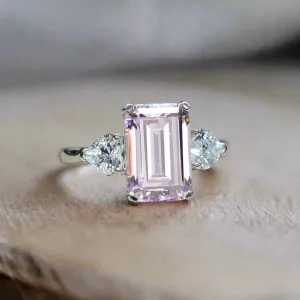 Pink Sapphire Emerald Cut Three Stone Engagement Ring