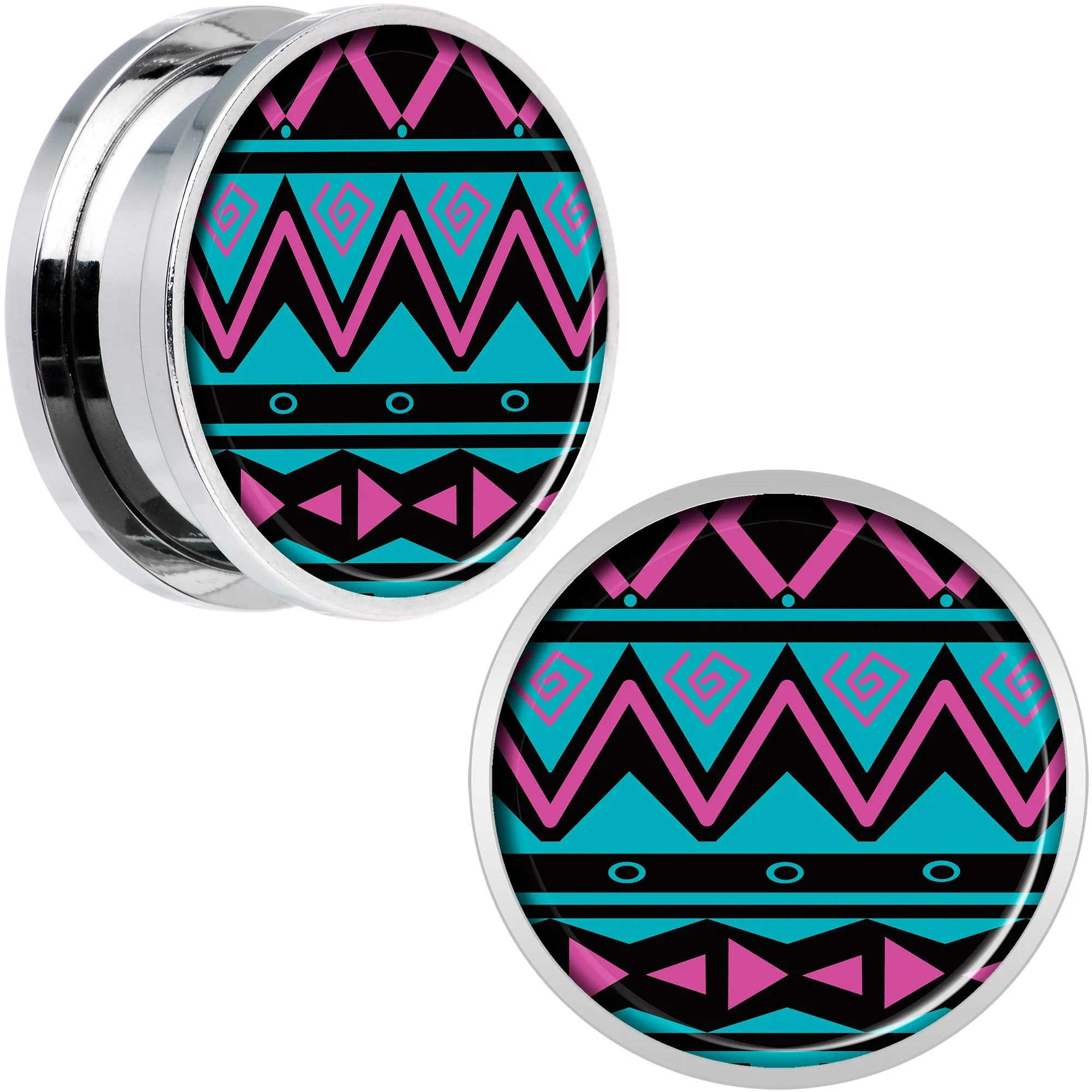 Pink Teal Tribal Print Steel Screw Fit Plug Set 20mm