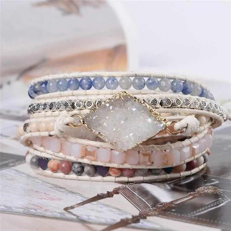 Quartz Druzy Charm & Mixed Natural Stones Bohemian Bracelet