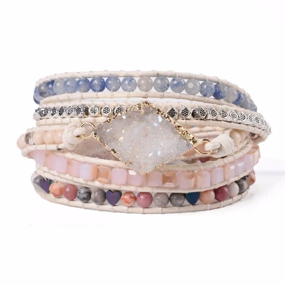 Quartz Druzy Charm & Mixed Natural Stones Bohemian Bracelet