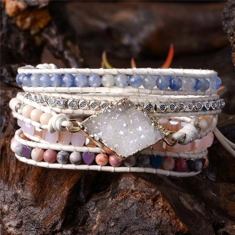 Quartz Druzy Charm & Mixed Natural Stones Bohemian Bracelet