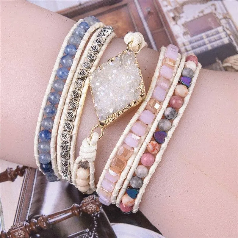 Quartz Druzy Charm & Mixed Natural Stones Bohemian Bracelet