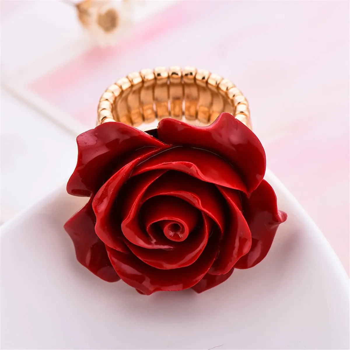 Red & 18K Gold-Plated Rose Stretch Ring