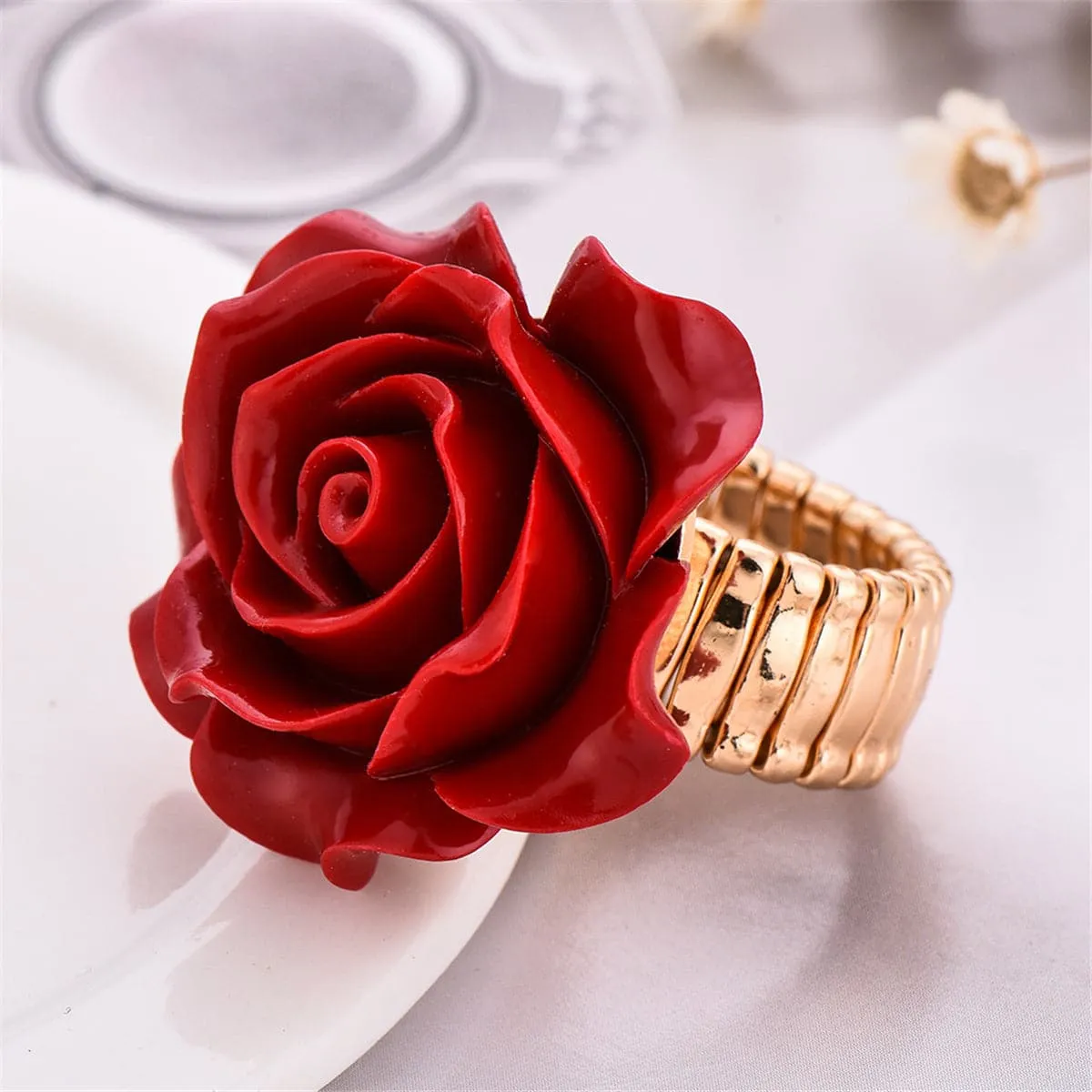 Red & 18K Gold-Plated Rose Stretch Ring