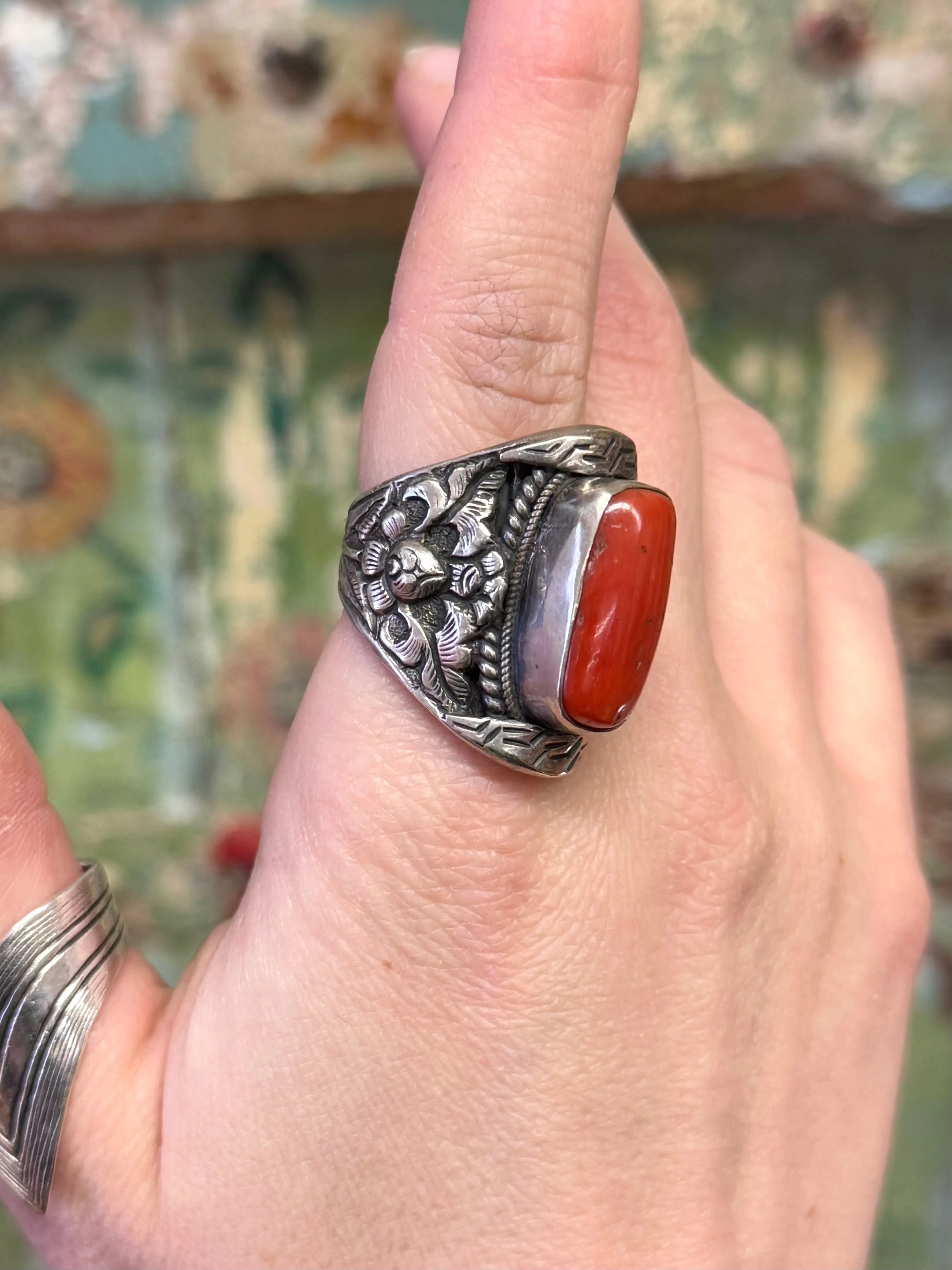 Red Coral Saddle Ring