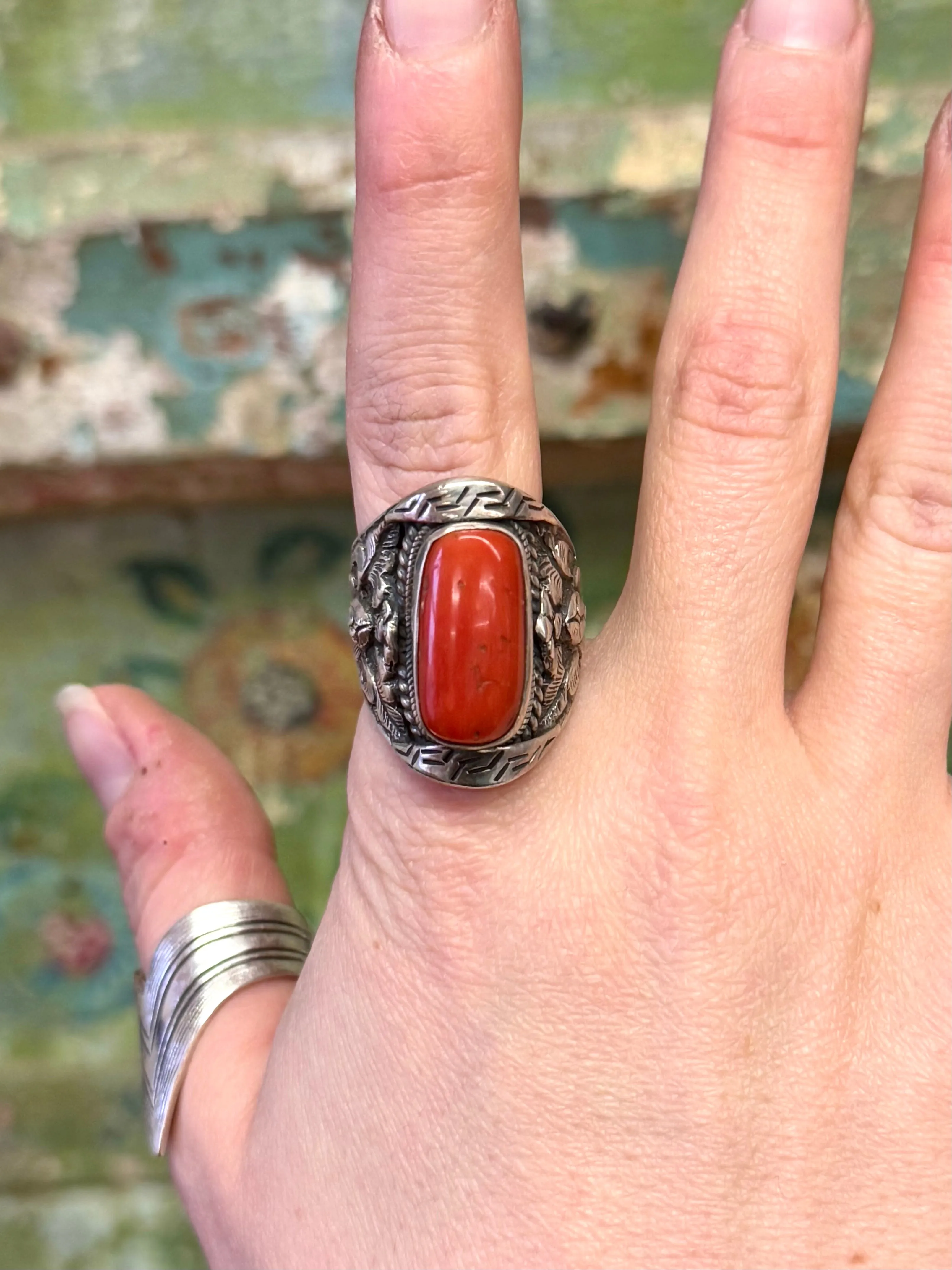 Red Coral Saddle Ring