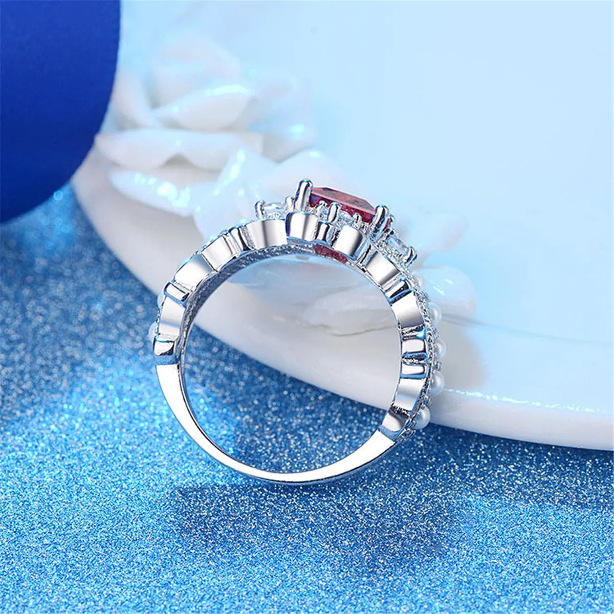 Red Crystal & Pearl Silver-Plated Crown Ring Set