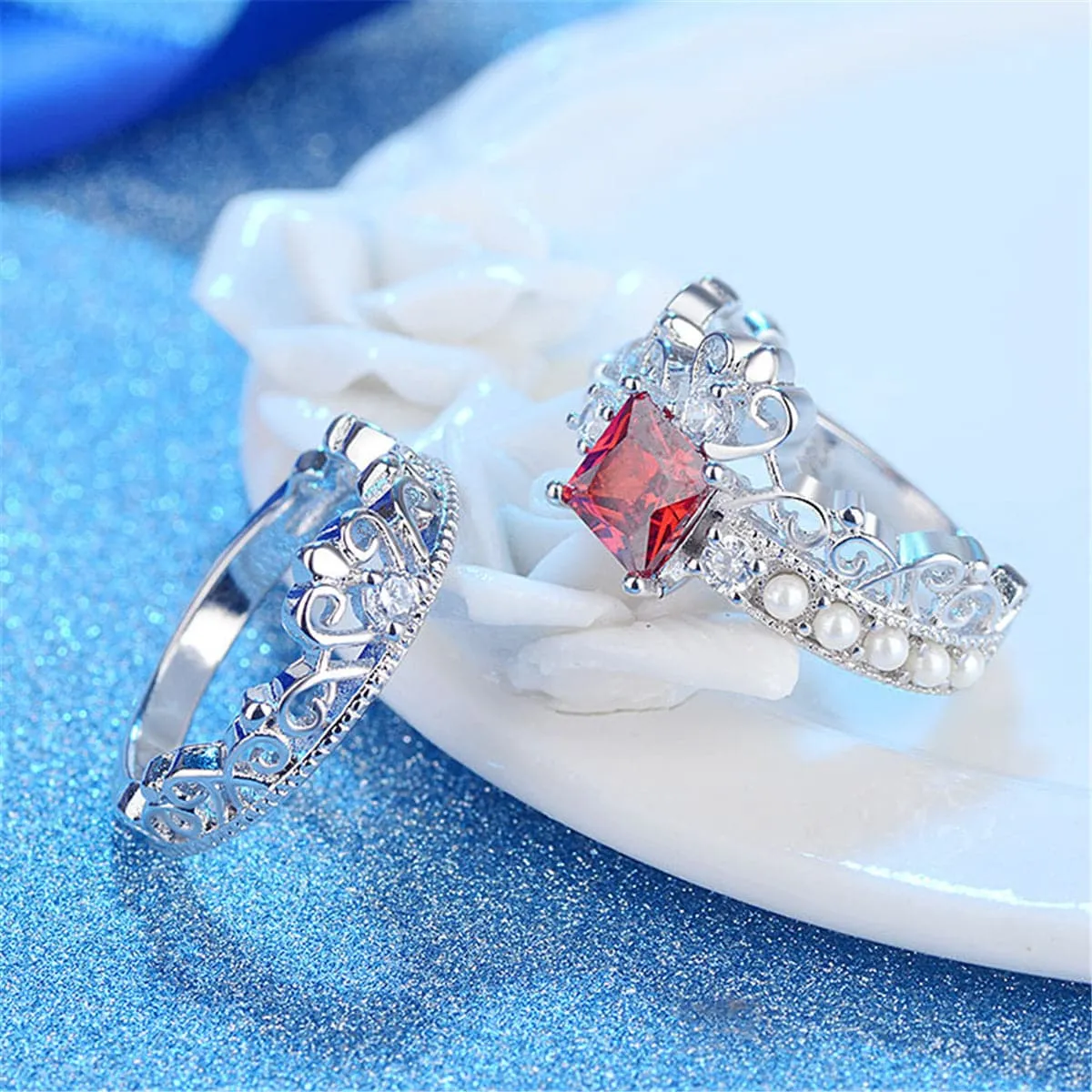 Red Crystal & Pearl Silver-Plated Crown Ring Set