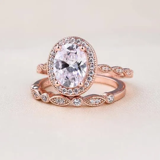 Rose Gold Vintage Leaf & Vine Art Deco Halo Oval Cut Ring Set
