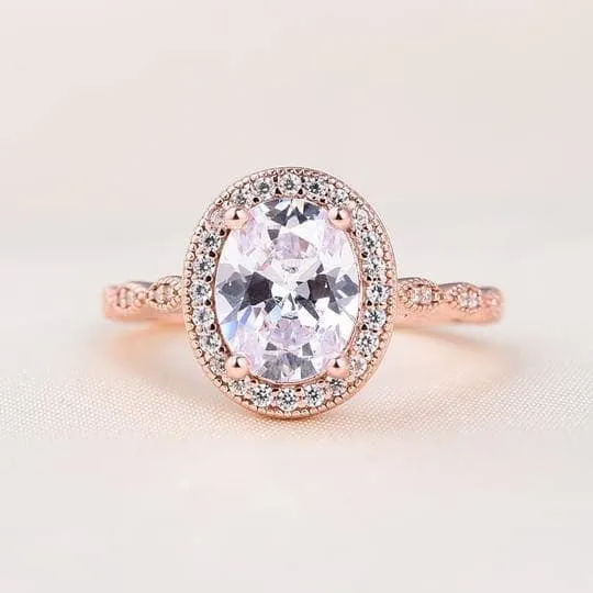 Rose Gold Vintage Leaf & Vine Art Deco Halo Oval Cut Ring Set