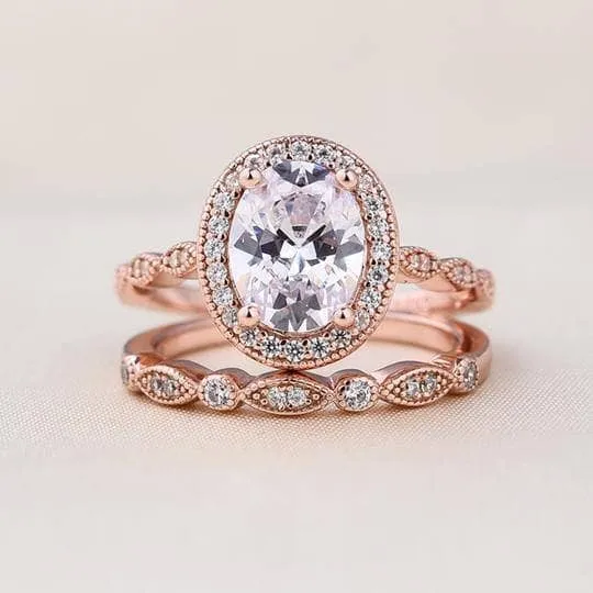 Rose Gold Vintage Leaf & Vine Art Deco Halo Oval Cut Ring Set