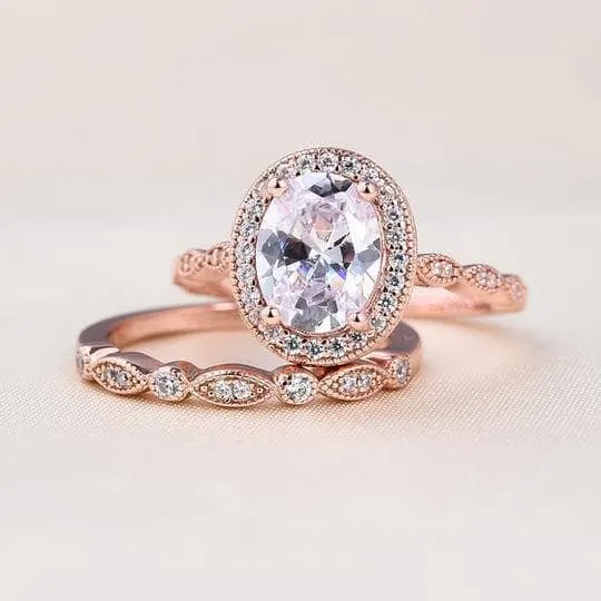 Rose Gold Vintage Leaf & Vine Art Deco Halo Oval Cut Ring Set