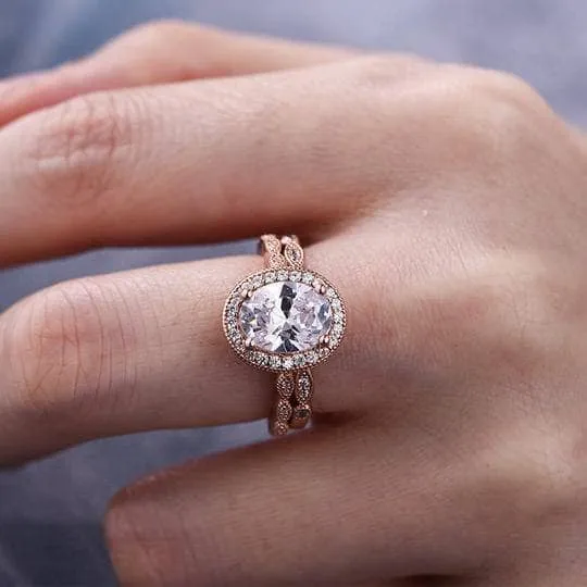 Rose Gold Vintage Leaf & Vine Art Deco Halo Oval Cut Ring Set