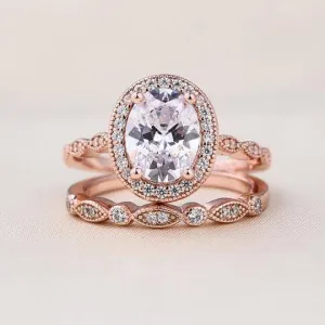 Rose Gold Vintage Leaf & Vine Art Deco Halo Oval Cut Ring Set