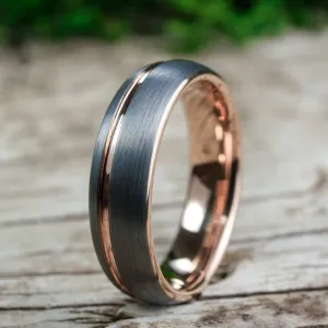 Rounded Silver Brushed Band / Rose Gold Stripe - 6mm