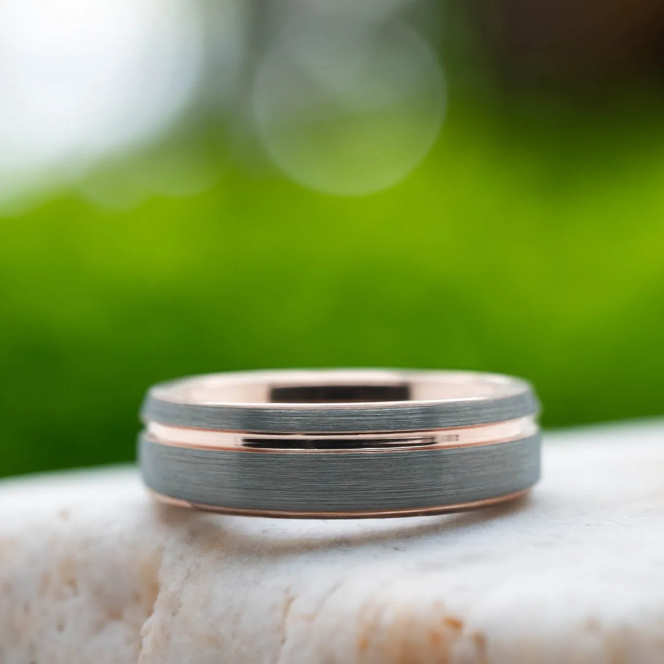 Rounded Silver Brushed Band / Rose Gold Stripe - 6mm