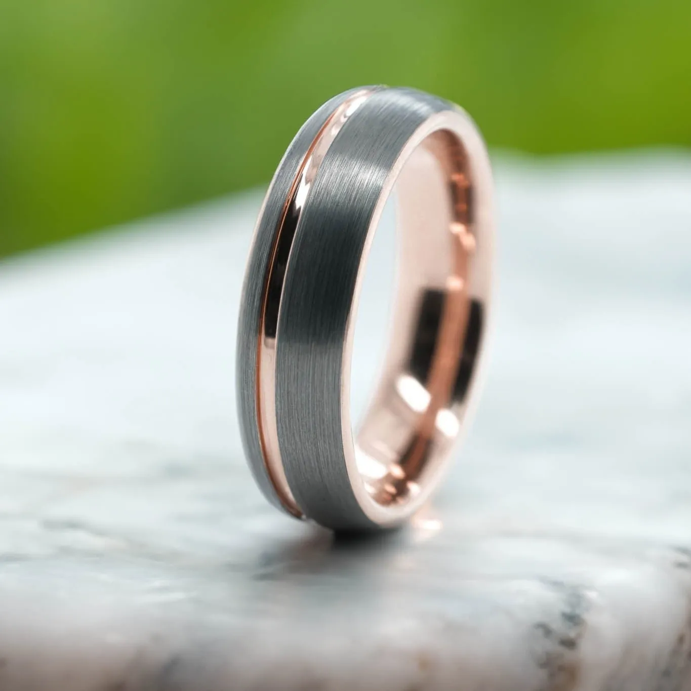 Rounded Silver Brushed Band / Rose Gold Stripe - 6mm